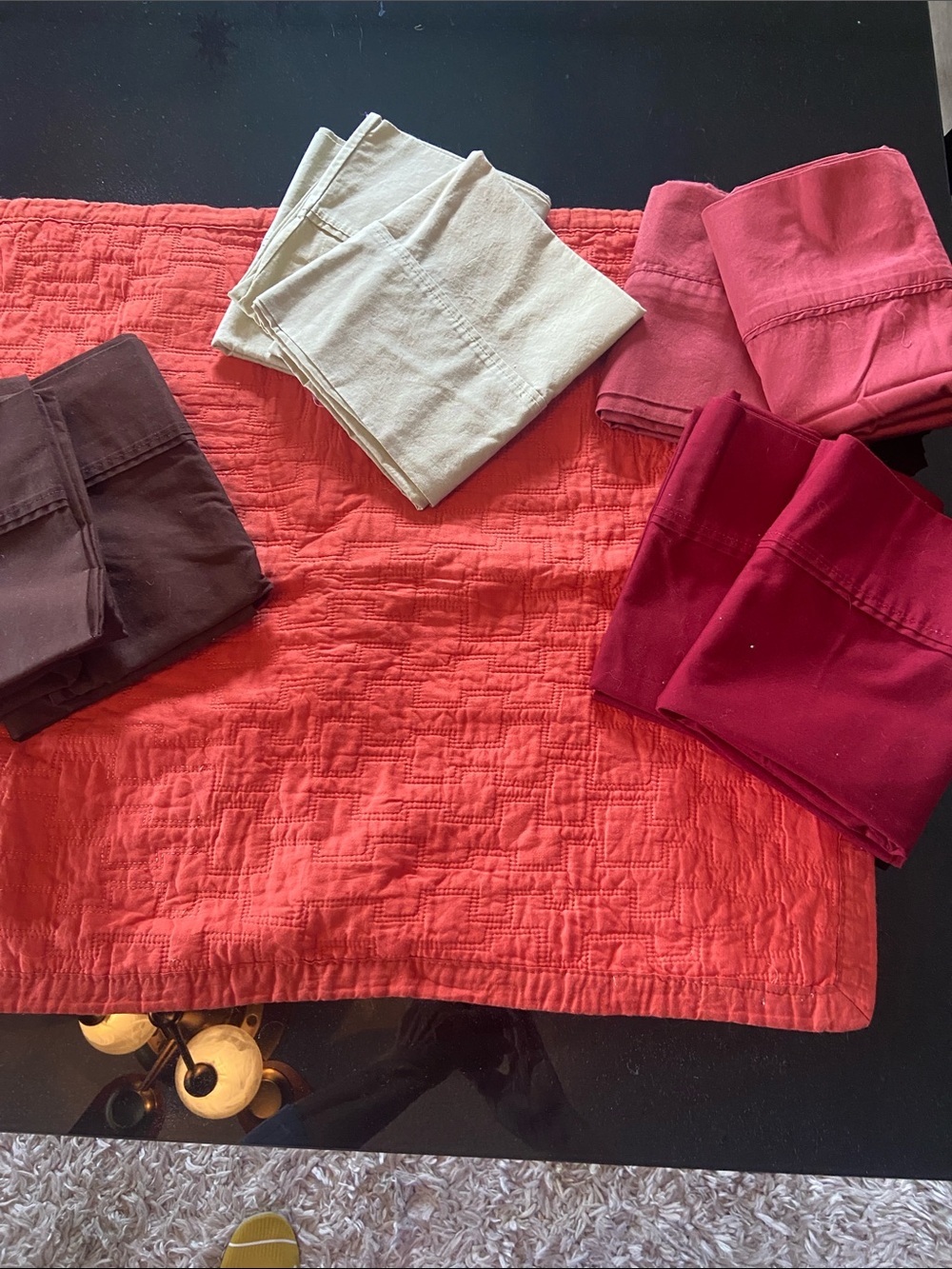 1 Orange Pillow Sham & 4 pair (8) 2 each color orange, black, dark red, and tan